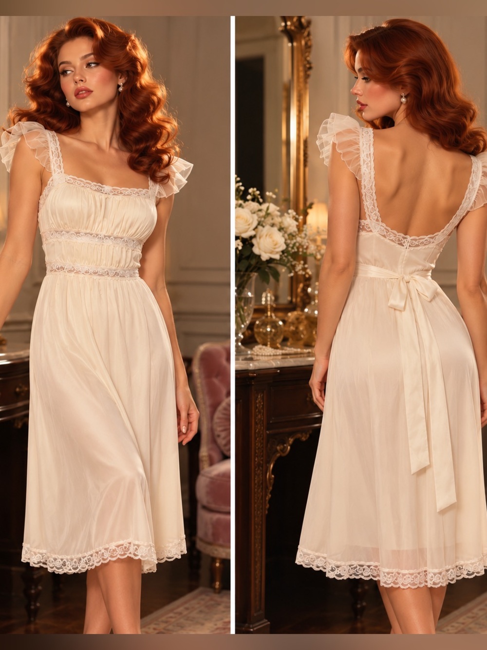 Vintage Vanity Fair Nightgown 32 Ivory Lace Flutter Sleeve Romantic Midi